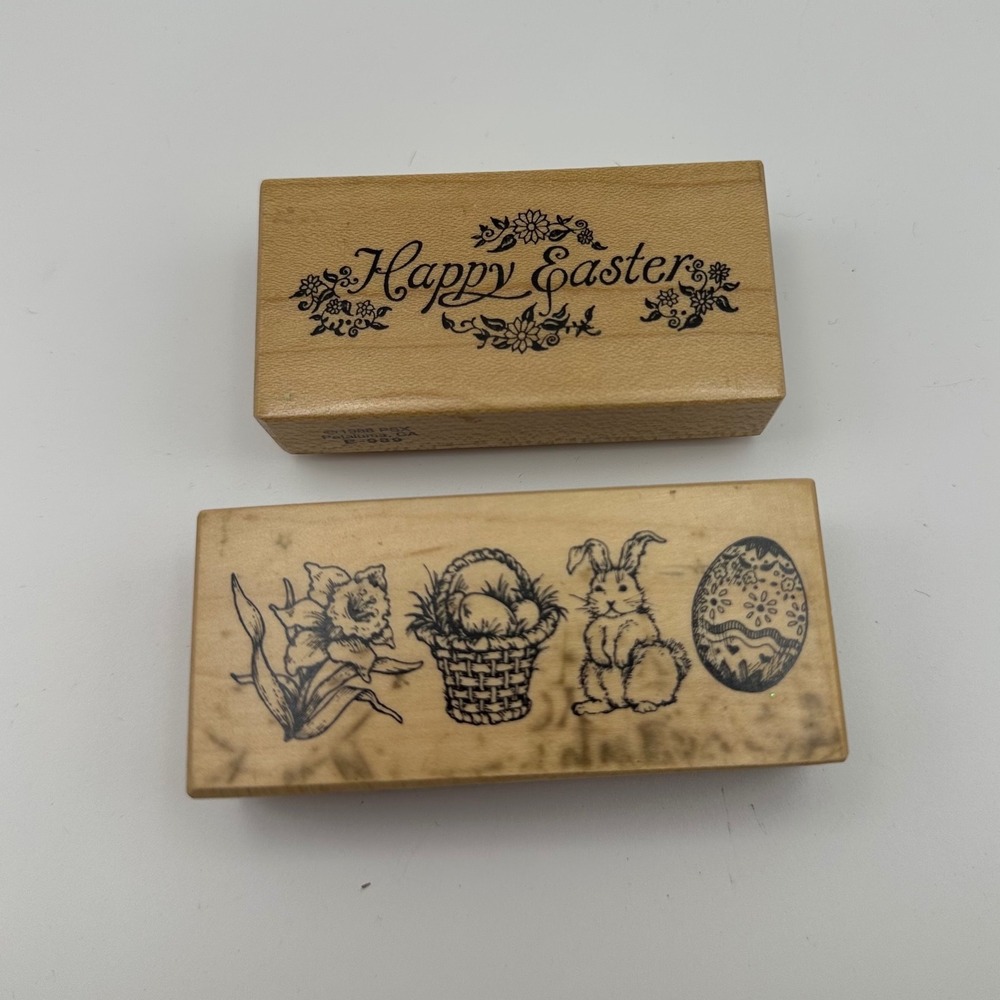 PSX Happy Easter E-989 Spring Border Bunny F-1917 Wood Rubber Stamp Lot Vintage